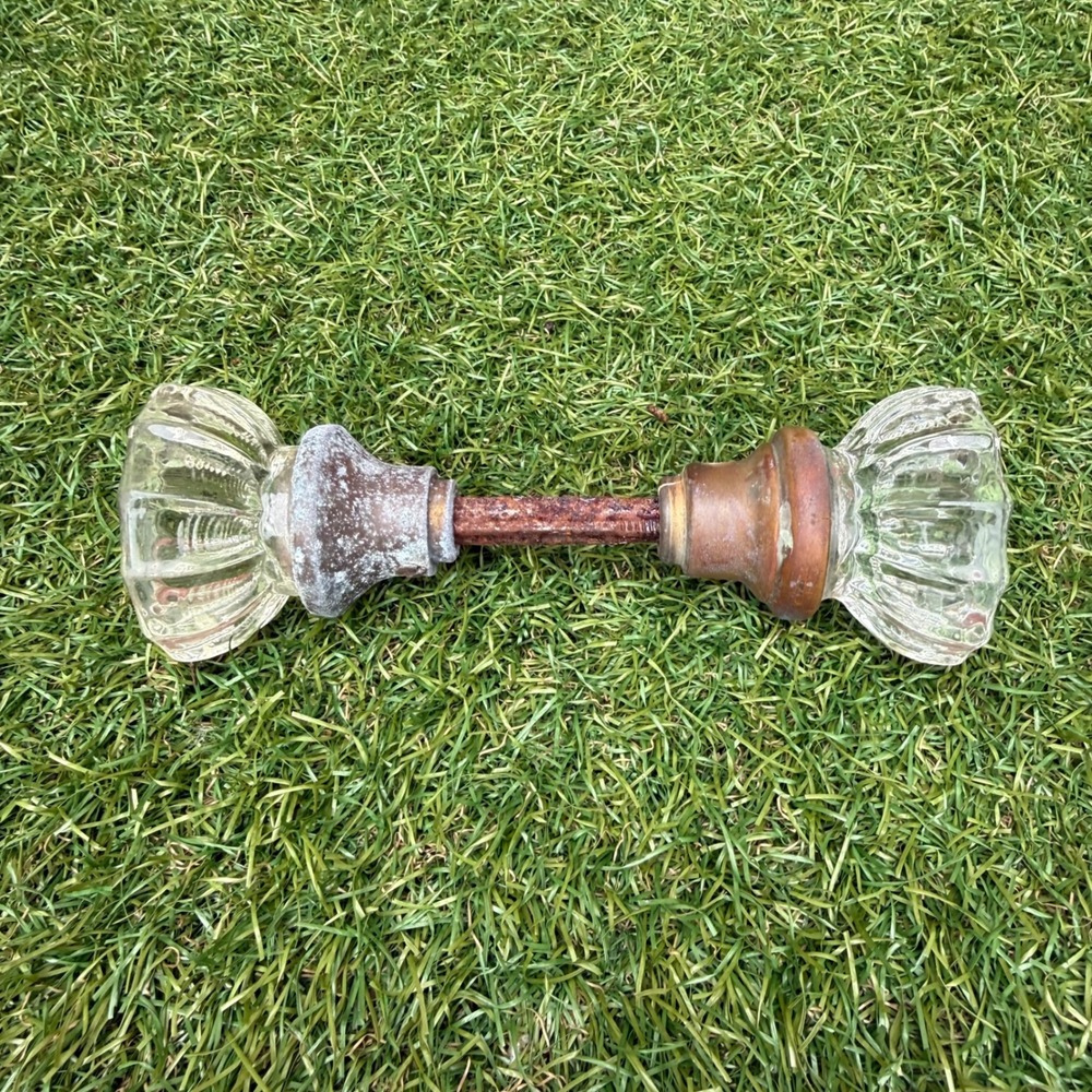 Antique Glass Door Knobs with Brass and Iron Spindle Set 12 Point Fluted